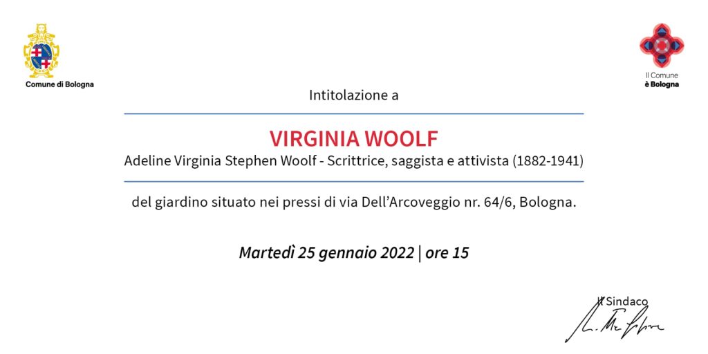 Bologna Inaugurazione Giardino a Virginia Stephen Woolf invito del Comune di Bologna